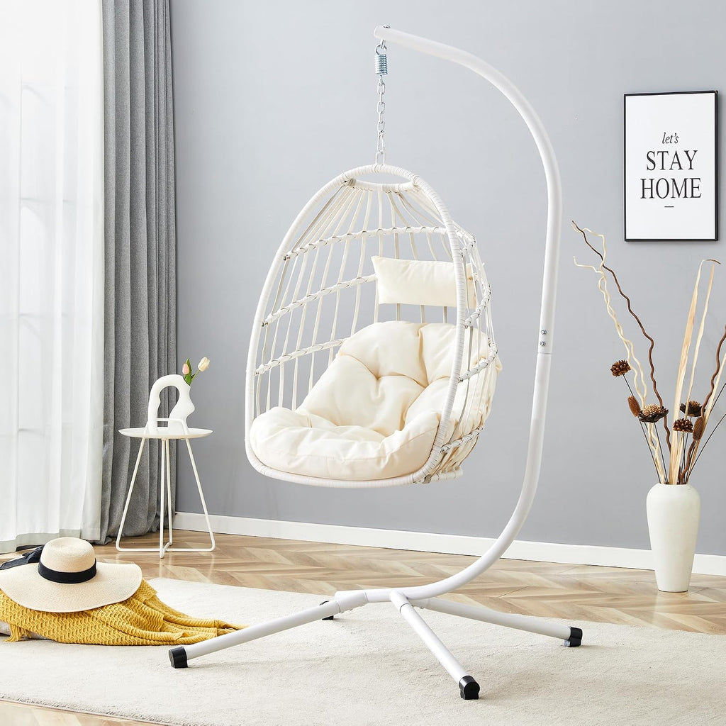 Egg Chair with Stand – Faux Rattan Wicker Hanging Hammock Chair, Soft Cushions & Pillow, Titanium Alloy Frame, UV-Resistant, All-Weather, Easy Assembly, 350 lbs Capacity for Patio, Garden, Balcony
