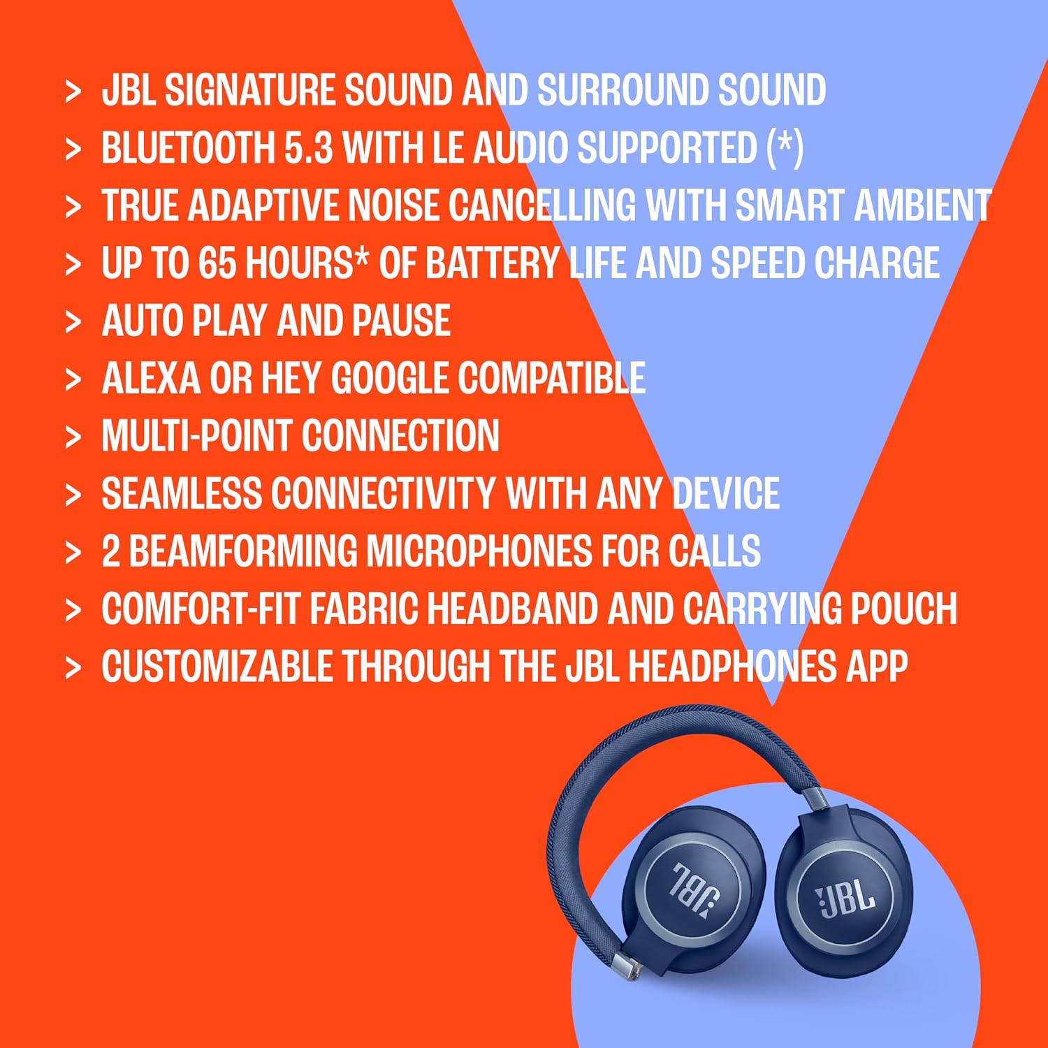 JBL Live 770NC - Wireless Over-Ear Headphones with True Adaptive Noise Cancelling with Smart Ambient, Up to 65 Hours of Battery Life, Comfort-fit Fabric Headband & Carrying Pouch (White)
