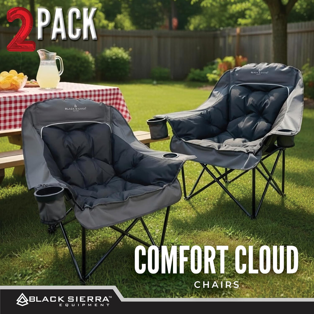 Black Sierra Plush XL Padded Camping Chairs for Adults, 2-Pack Oversized Heavy Duty Folding Seats Supports 400 lbs, Duo Plush Comfort with Cup Holders & Carry Bag for Camping, Tailgating, Patio, RV