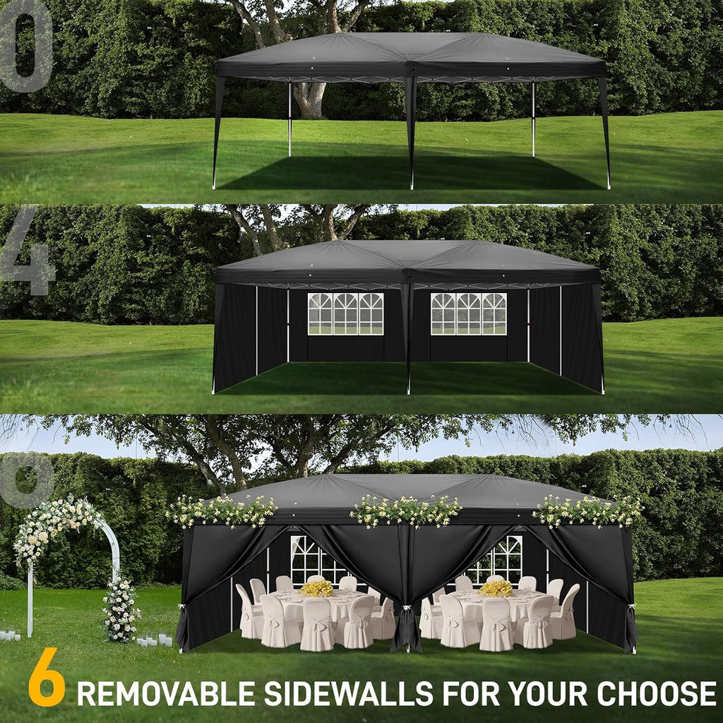 Outvita 10x20ft Pop Up Canopy Tent, Outdoor Instant Shelter Folding Canopy with 6 Side Walls and Carry Bag for Commercial Events, Party, Backyard BBQ, Camping Black