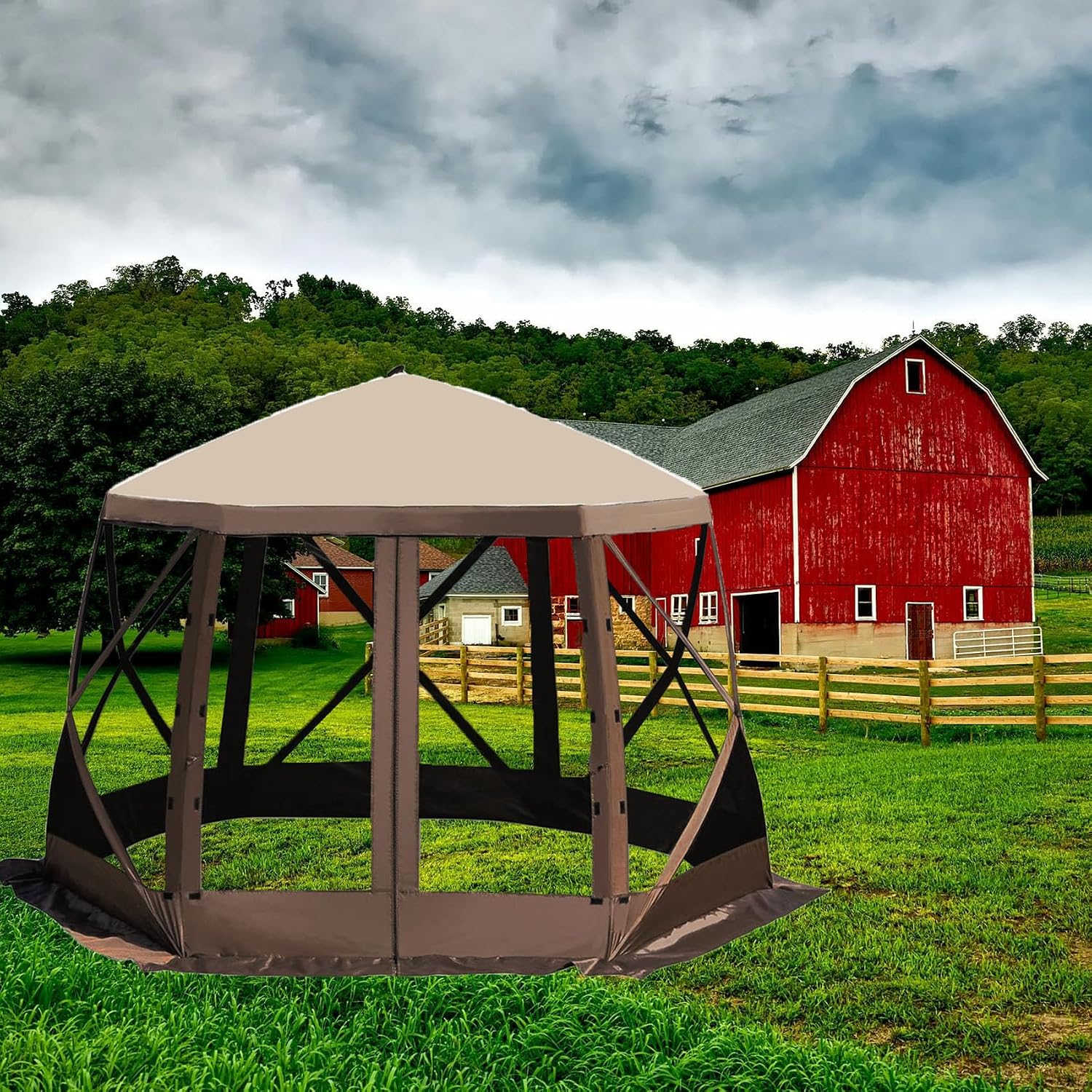 12x12ft Pop-Up Gazebo, Pop Up Canopy Outdoor Screen Tent 6 Side with Portable Carry Bag, Fiber Poles, Guy Rope, Ground Pegs, and 600D Oxford Cloth for Outdoor Camping, Lawn and Backyard
