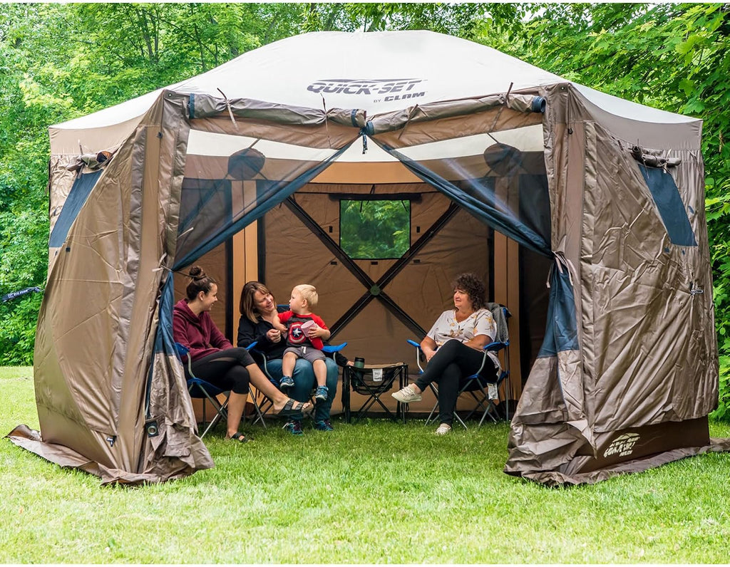 CLAM Quick Set Pavilion 12.5 x 12.5 Foot Portable Pop Up Outdoor Camping Gazebo Screen Tent Canopy Shelter and Carry Bag with Tarp Cover, Brown