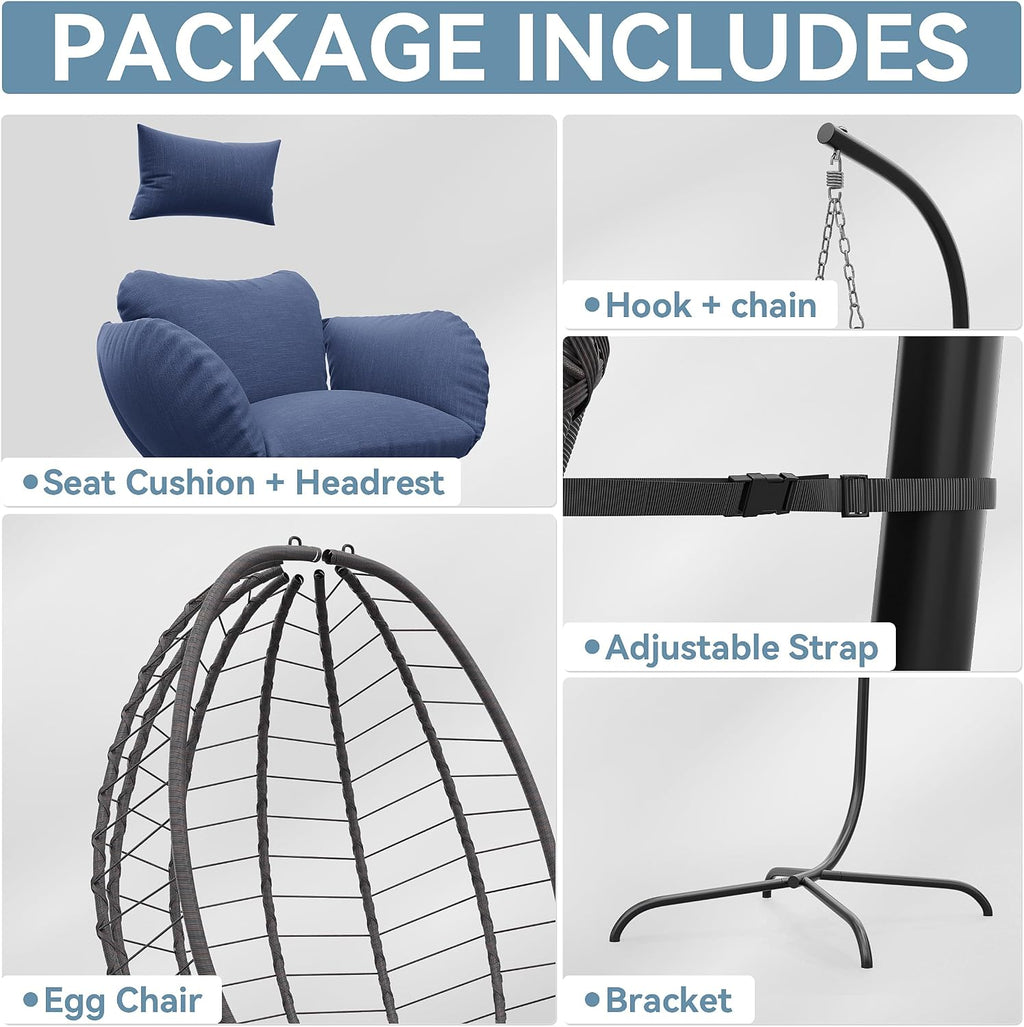 ALAULM Foldable Egg Chair with Stand, 485LBS Capacity Wicker Rattan Hammock Swing Chair for Outdoor & Indoor, Patio Hanging Chair with Strong Frame & UV Resistant Cushion for Balcony, Bedroom, Blue