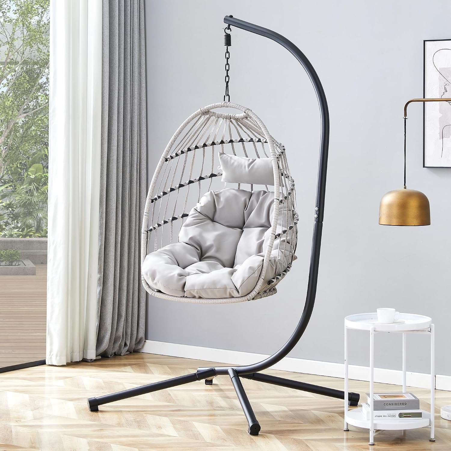 Swing Egg Chair with Stand, Outdoor Hanging Chair with Cushion and Headrest, Rattan Egg Chair for Backyard, Balcony, Indoor, 300lbs Capacity, Grey