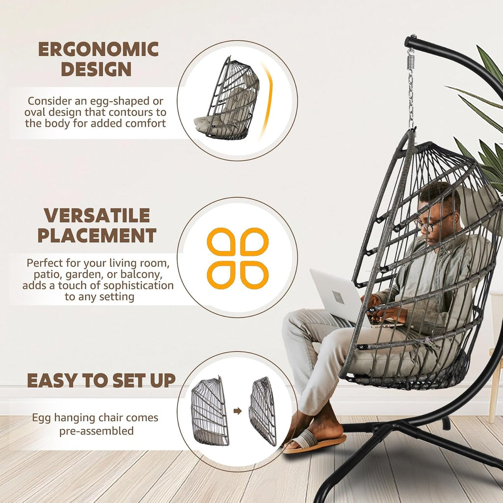 Chihee Egg Chair Foldable Wicker Rattan Hanging Swing Chair Indoor Outdoor Patio Wicker Chair Hammock Chairs with Stainless Steel Hanging Kit Chain Link UV Resistant Cushion Bedroom Balcony