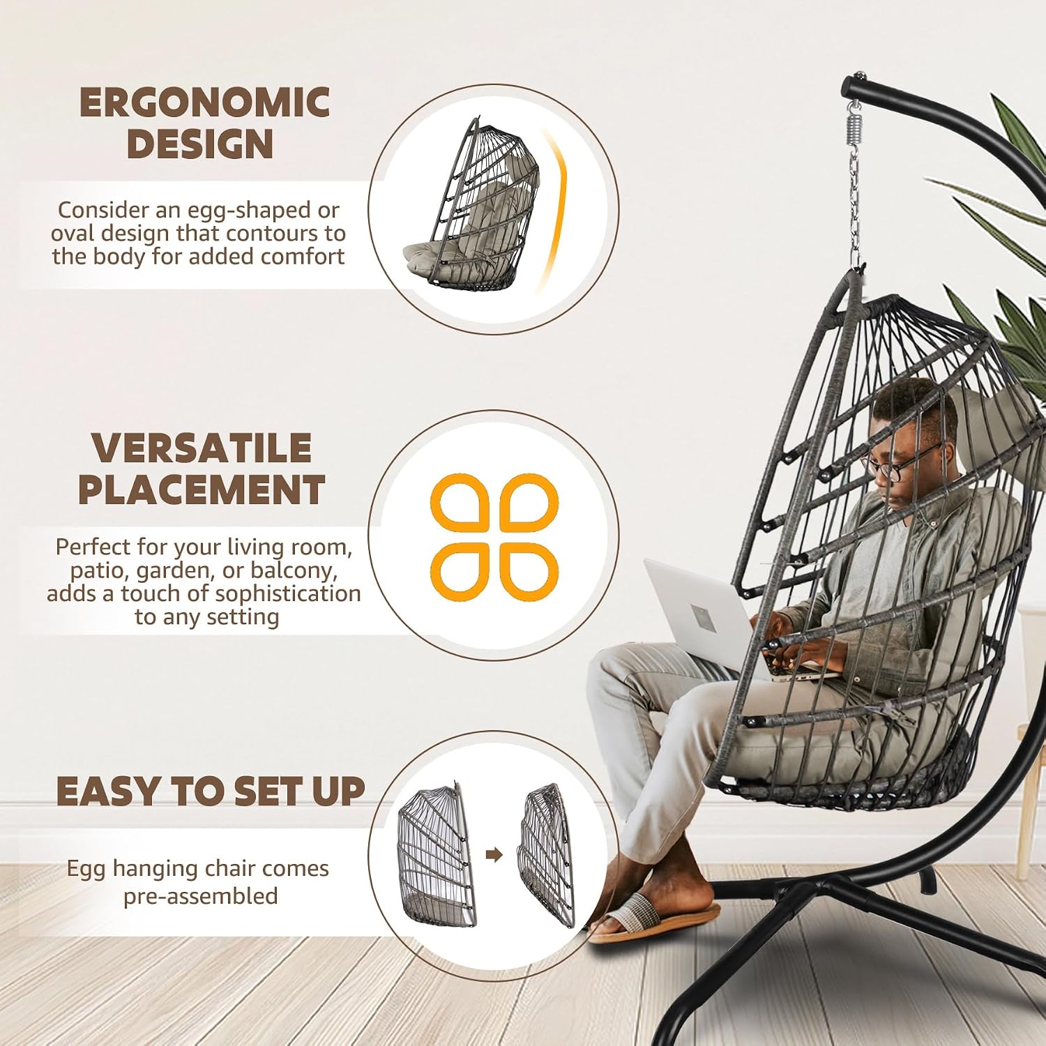 Chihee Egg Chair Foldable Wicker Rattan Hanging Swing Chair Indoor Outdoor Patio Wicker Chair Hammock Chairs with Stainless Steel Hanging Kit Chain Link UV Resistant Cushion Bedroom Balcony