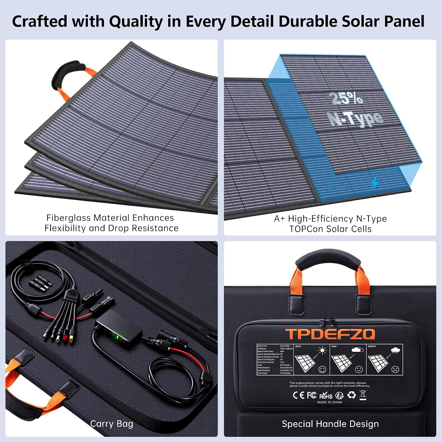 220W Portable Solar Panel 20V 25% High Efficiency N-Type Solar Cell, with 4 Adjustable Kickstand, IP68 Waterproof,Foldable Solar Panel for Camping RV Off Grid Backup