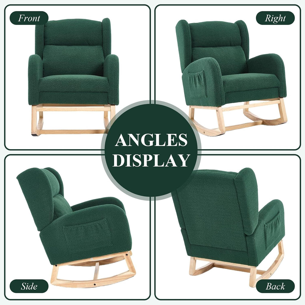 NIOIIKIT Nursery Rocking Chair with Footrest, Teddy Upholstered Glider Chair, Nursery Gliding Recliner with Side Pocket, Glider Rocker for Living Room (Green Teddy)