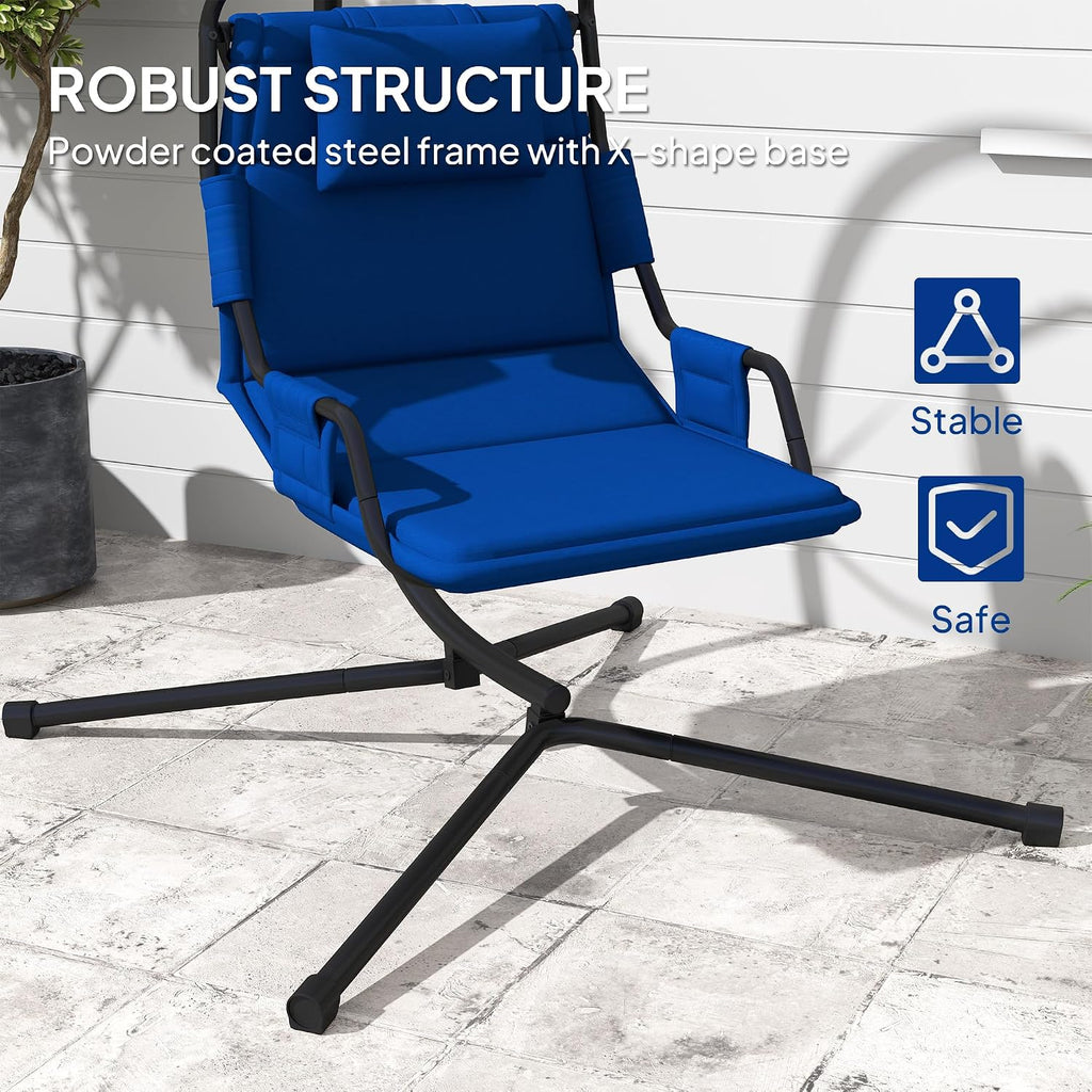 Outsunny Hammock Chair with Stand, Hammock Swing with PA Coating Oxford Fabric Cushion, Indoor Outdoor Hanging Chair with Chain, Steel Frame for Bedroom, Patio, Balcony, Dark Blue