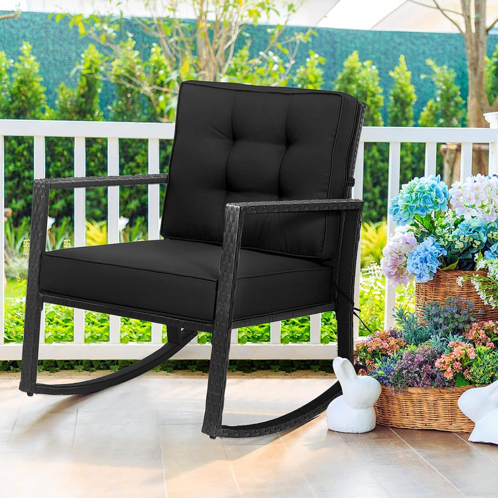 Tangkula Wicker Rocking Chair, Outdoor Glider Rattan Rocker Chair with Heavy-Duty Steel Frame, Patio Wicker Furniture Seat with 5' Thick Cushion for Garden, Porch, Backyard, Poolside (1, Black)