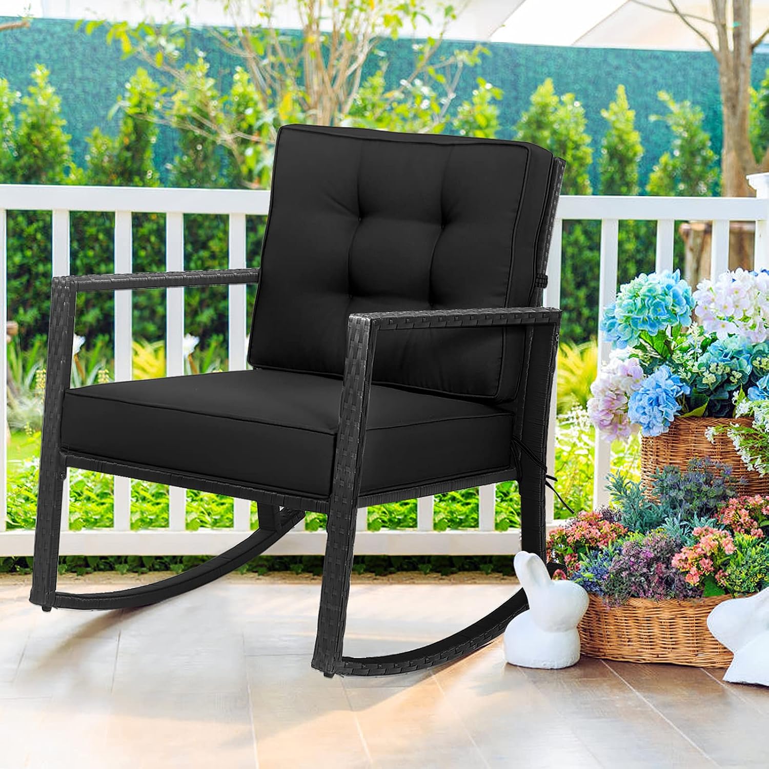 Tangkula Wicker Rocking Chair, Outdoor Glider Rattan Rocker Chair with Heavy-Duty Steel Frame, Patio Wicker Furniture Seat with 5' Thick Cushion for Garden, Porch, Backyard, Poolside (1, Black)