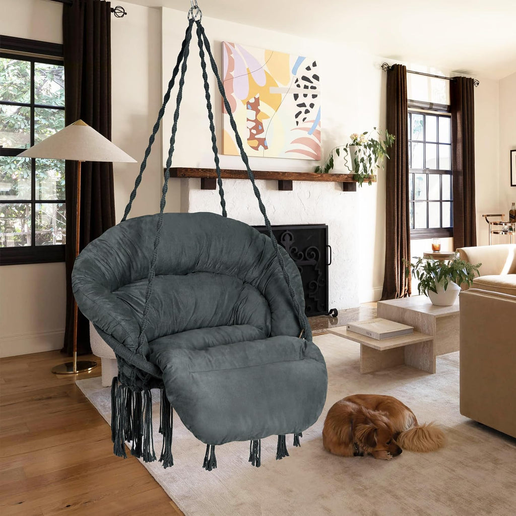 Hammock Chair with Cushion, Handmade Macrame Swing Chair with Hanging Hardware Kits, Bohemian Style Cotton Rope Hanging Chair for Bedroom Indoor Outdoor, Dark Grey
