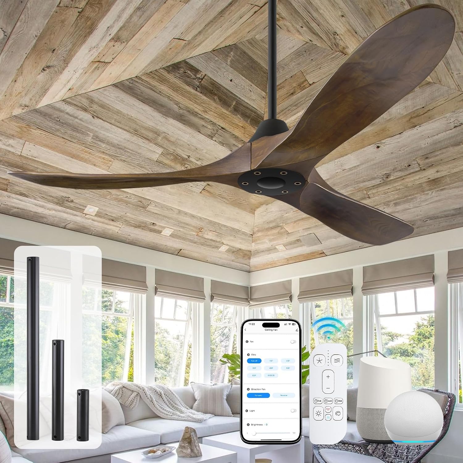 52 Inch Outdoor Ceiling Fan for Patios Damp Rated, Smart Wood 3 Blades Propeller Ceiling Fans No Light Quiet Reversible DC Motor with Large Airflow for Indoor Work with Alexa Voice/Google/App