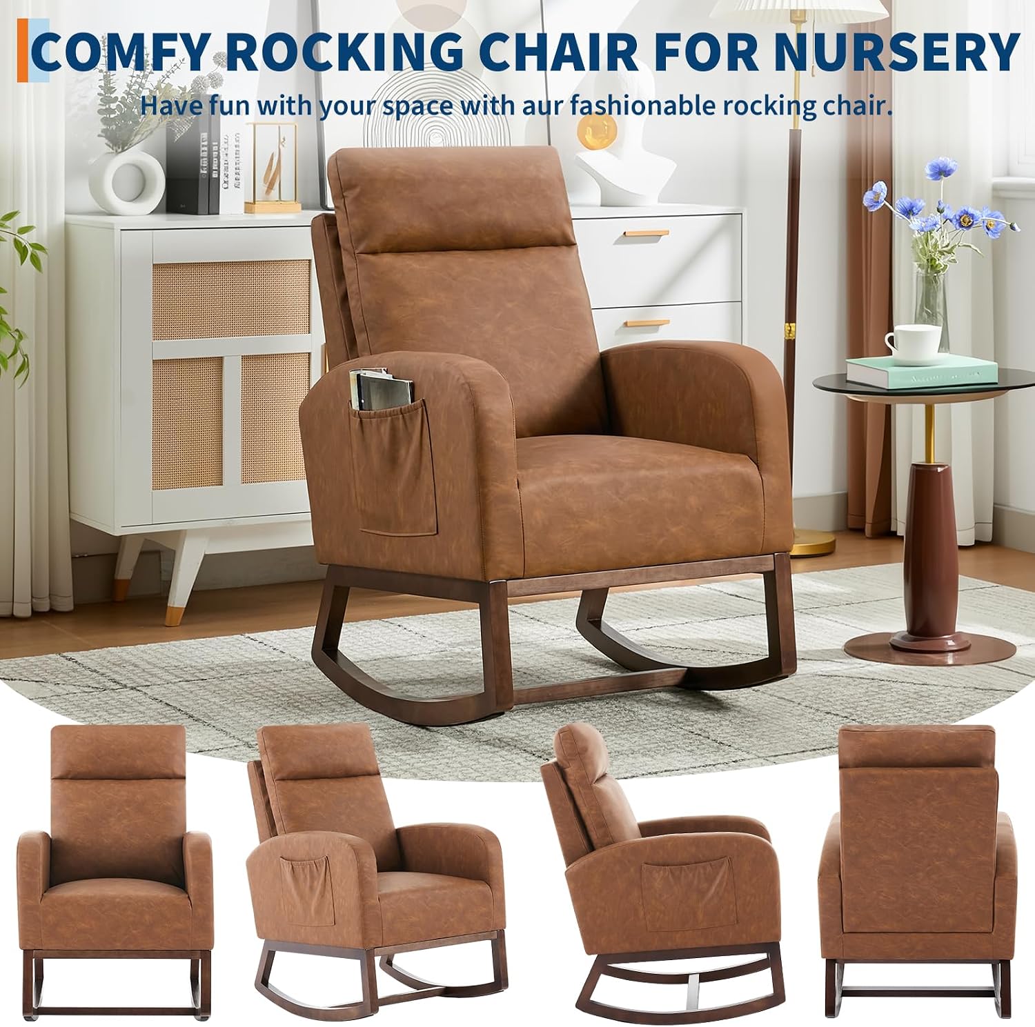 Leather Glider Chair, Modern Rocking Chair, Nursery Faux Leather Glider Chair with Rubber Wood Legs and Side Pocket, Rocking Accent Armchair for Living Room, Bedroom, Brown