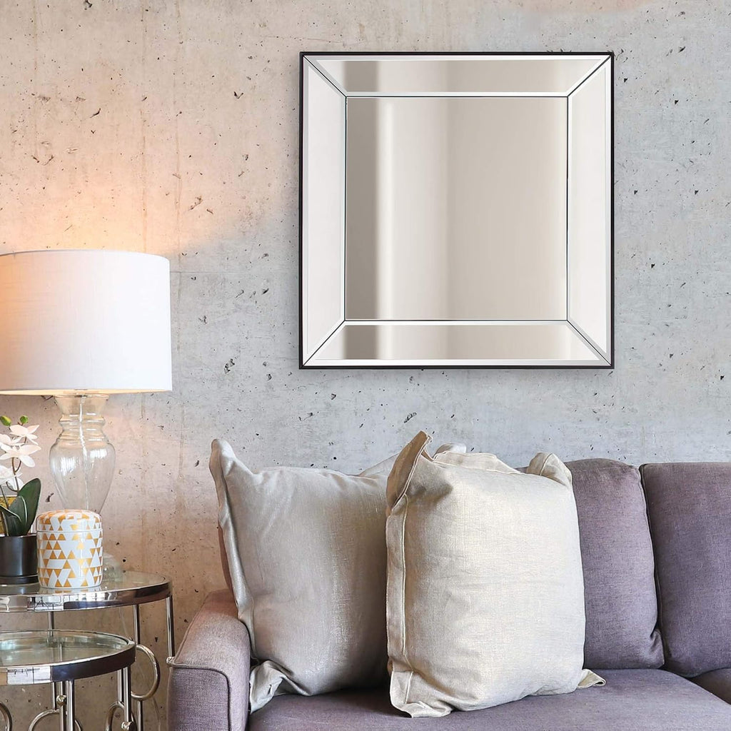 Howard Elliott Collection Vogue Inward Rectangular Hanging Wall Mirror, Large Silver Decorative Wall Mounted Vanity Mirror with Glass Frame for Bedroom, Living Room & Entryway, 30 x 30 Inch