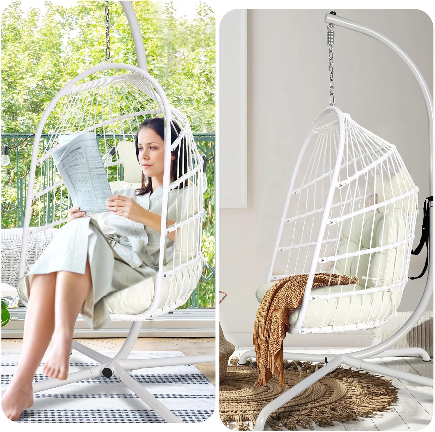 Chihee Egg Chair with Ultra Strong Stand and Cushion Foldable Wicker Rattan Hanging Chair Indoor Outdoor Patio Lounging Chair 330 lbs Capacity Balcony Porch Bedroom Garden