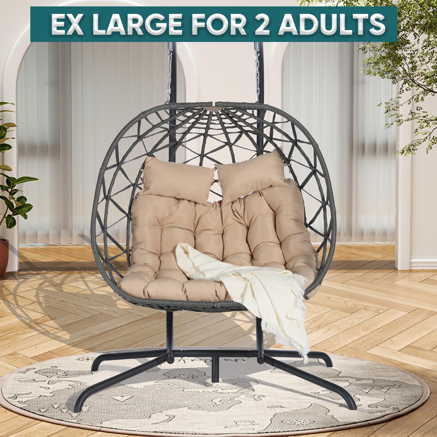 JOYBASE Double Swing Egg Chair with Stand, 2-Person Hanging Egg Chair Wicker Rattan Oversized Swinging Chair for Outdoor Indoor Garden Patio (Khaki Cushion and Grey Rattan)