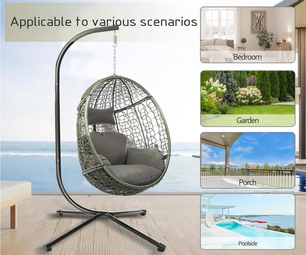 DoubleTT Indoor/Outdoor Egg Chair with Stand, Swing Hammock Hanging Chair Nest Basket, UV Resistant Removable & Washable Cushions,350LBS Capacity for Bedroom, Balcony, Garden
