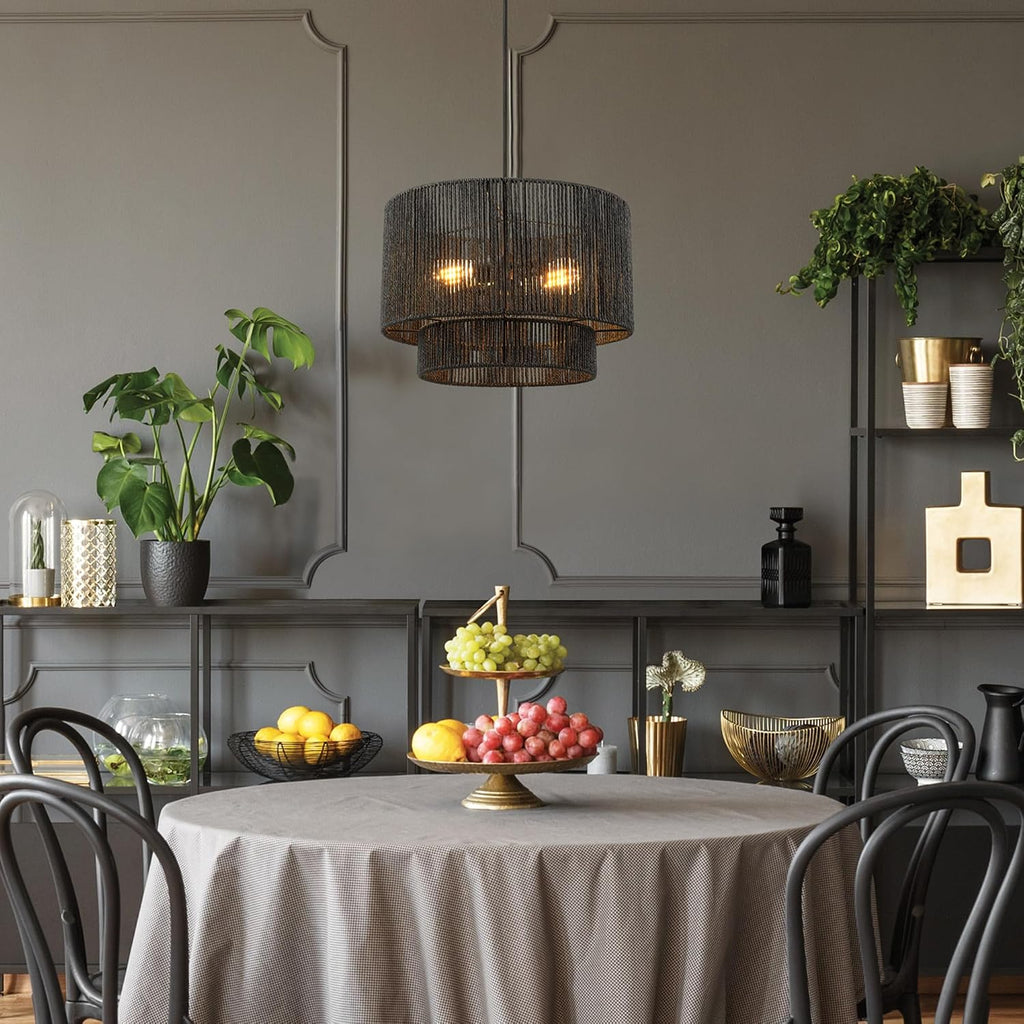 Globe Electric 67000102 2-Light Pendant Light Fixture, Matte Black, Paper Twine Shade, Braided Fabric Cord, Kitchen Island Lighting, Living Room Pendant Light, Hanging Lights for Bedroom