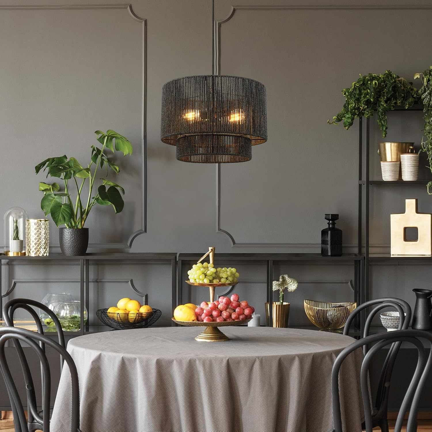 Globe Electric 67000102 2-Light Pendant Light Fixture, Matte Black, Paper Twine Shade, Braided Fabric Cord, Kitchen Island Lighting, Living Room Pendant Light, Hanging Lights for Bedroom