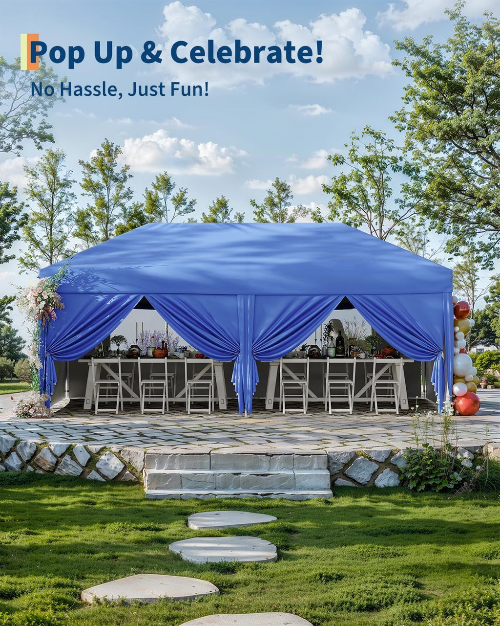 10X20 Ft Instant Pop-Up Canopy Tent-1-Push Setup Heavy Duty Portable Gazebo w/ 4 Weight Bags, Roller Bag & Full Accessory Kit | Waterproof Wind Resistant for Outdoor Events, Markets, Camping,Blue