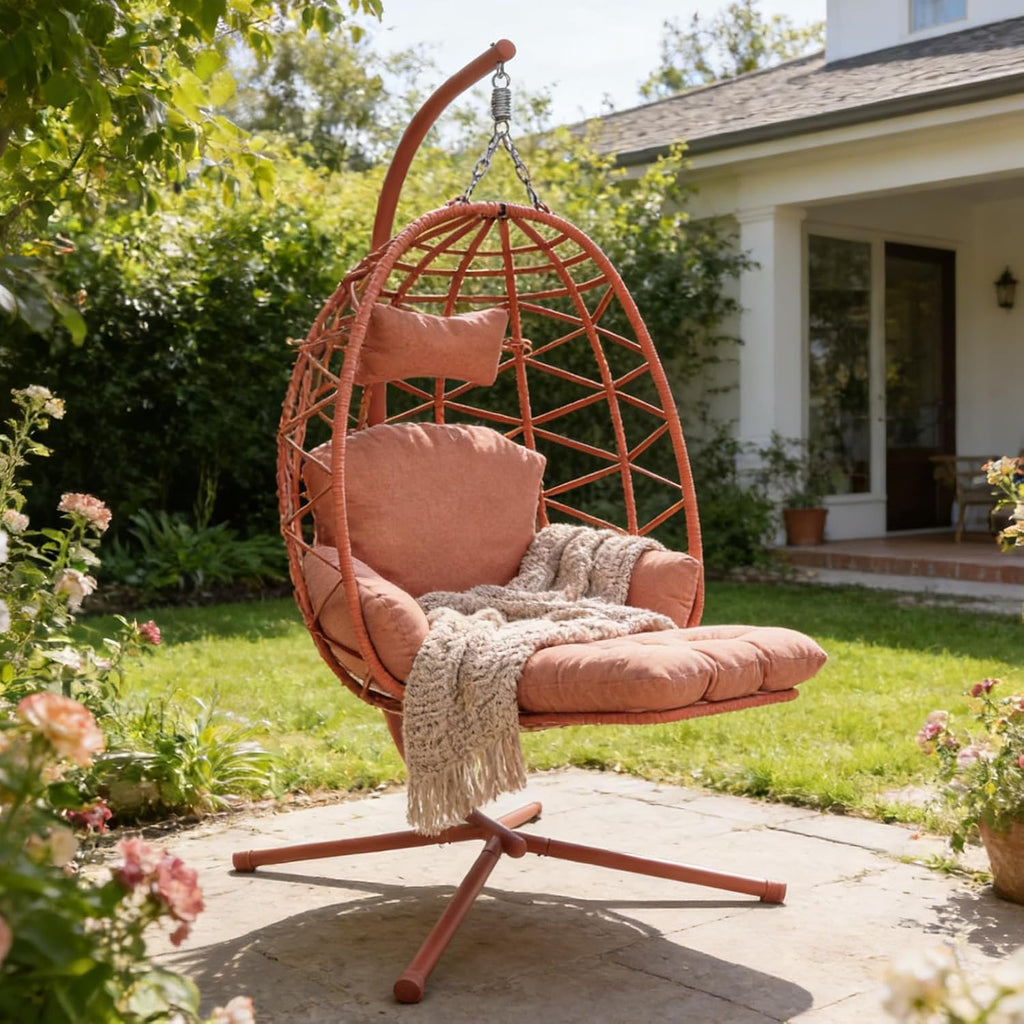 Hanging Egg Chair with Stand & Leg Rest,Rattan Wicker Swing Chair with Cushion,Patio Basket Hanging Chair Wicker Hammock Chair for Indoor Outdoor Bedroom Garden,300LBS (Orange-Red Rattan&Cushion)