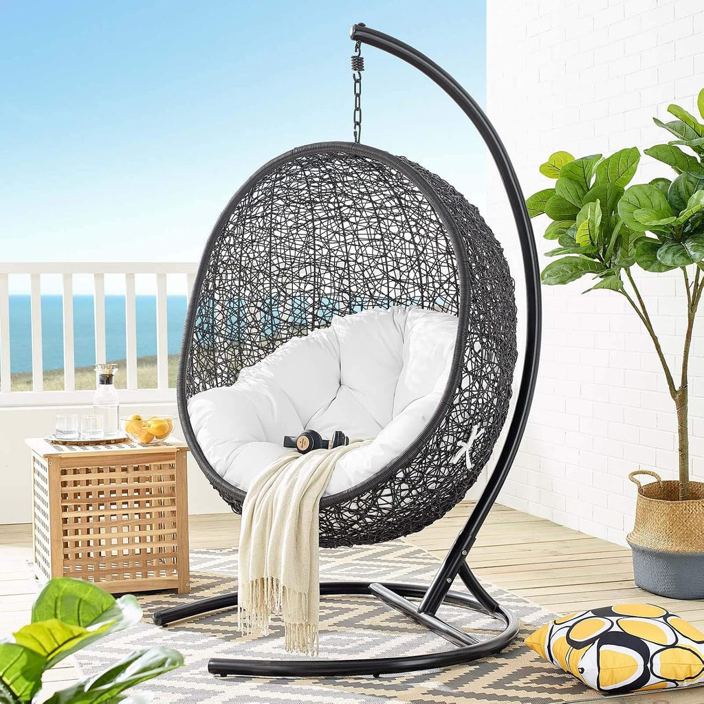 Modway Encase Wicker Rattan Outdoor Patio Porch Lounge Egg Swing Chair with Stand in White