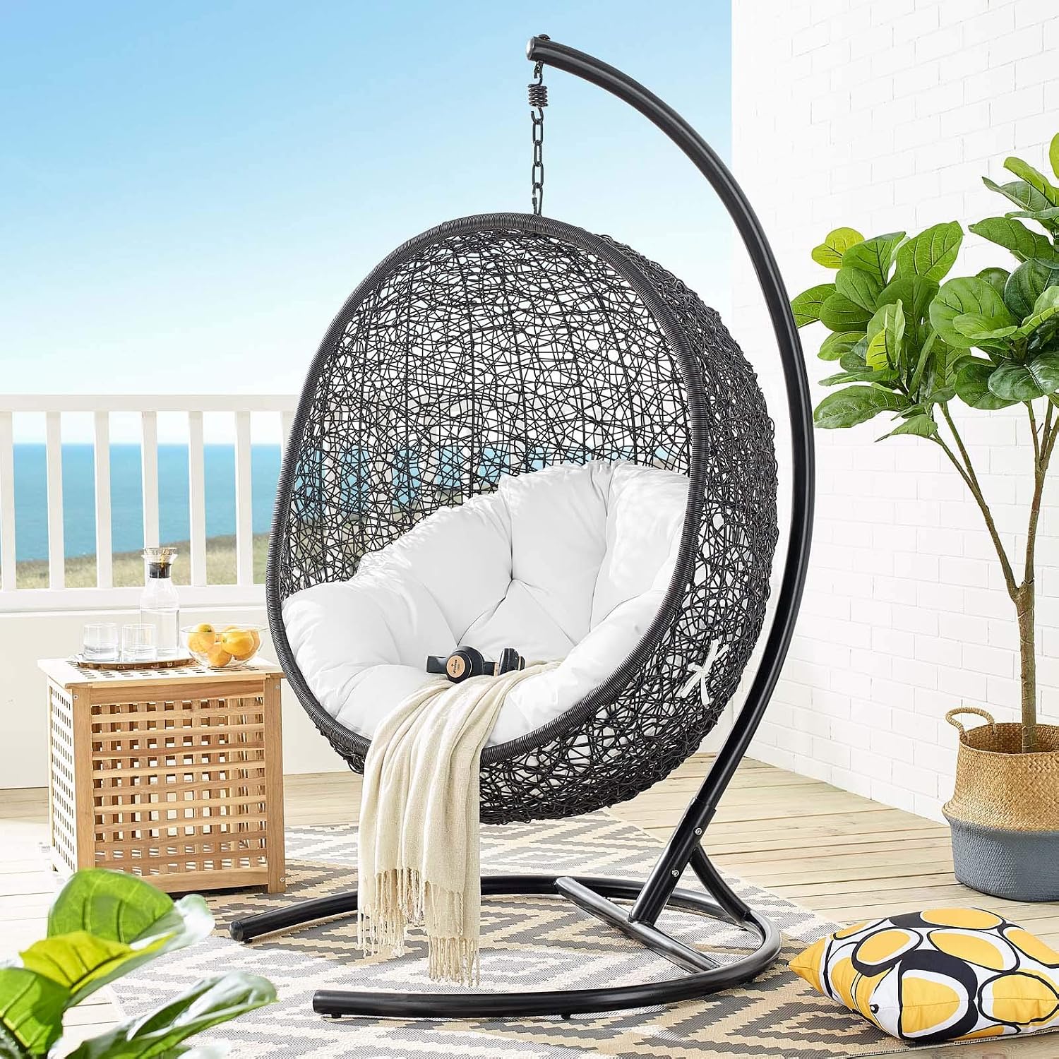 Modway Encase Wicker Rattan Outdoor Patio Porch Lounge Egg Swing Chair with Stand in White