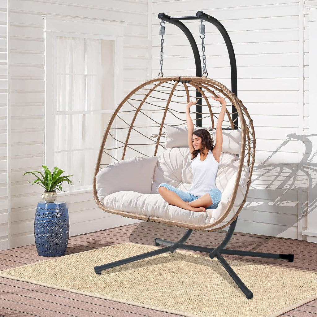 Double Hammock Egg Chair 2 Person Egg Chair Indoor Outdoor Swing with Stand Patio Wicker Hanging Chair Widened and Enlarged for Balcony Bedroom Porch Adults Kids