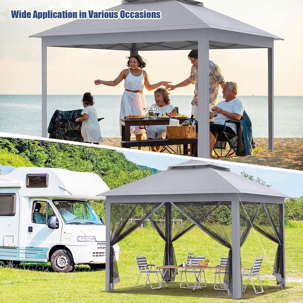 Tangkula 11x11 Ft Pop up Gazebo, 2-Tier Outdoor Patio Gazebo with Netting, Carry Bag, 121 Square Feet of Shade for Backyard, Deck, Poolside