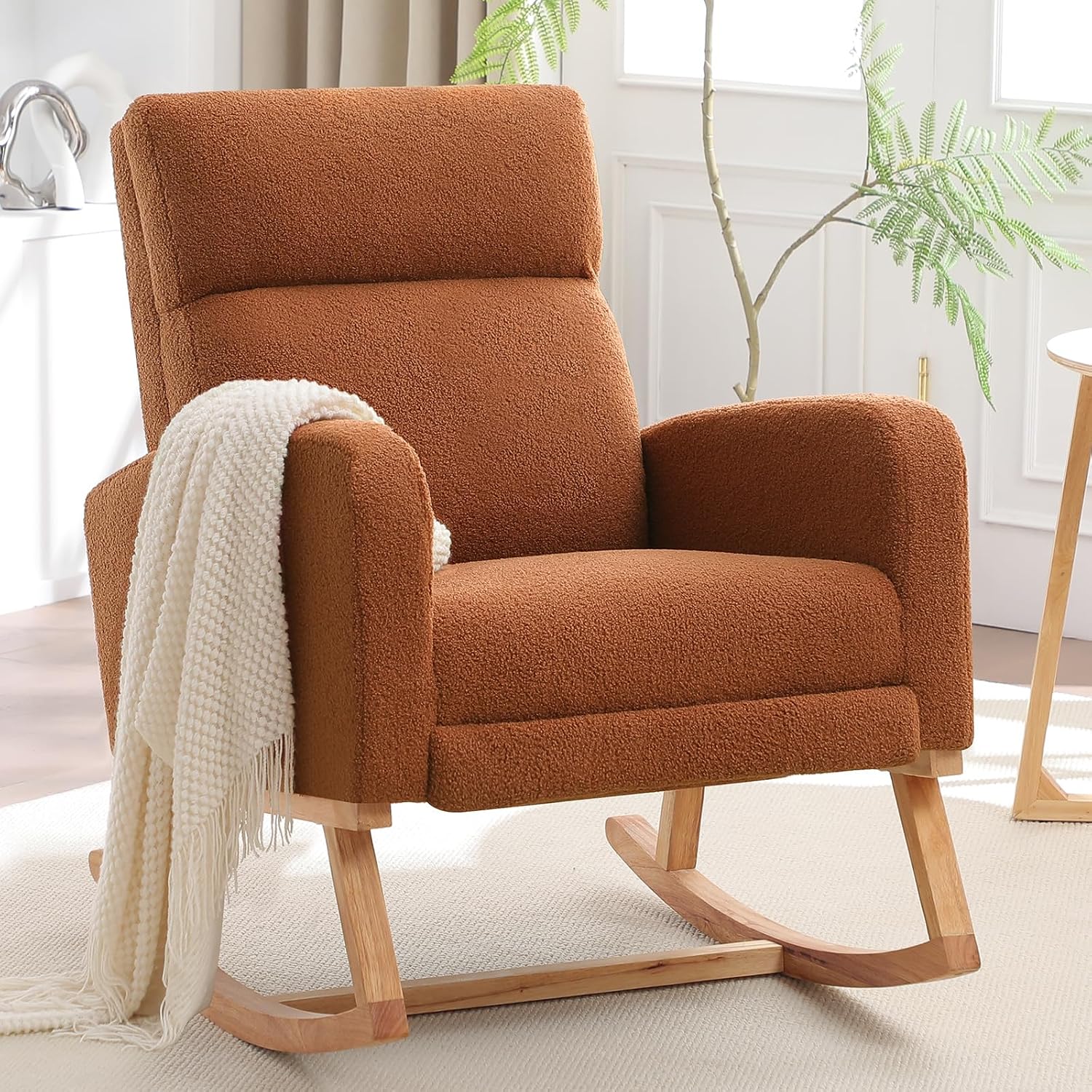HCHAIRH Rocking Chair Nursery with Foot Rest, Nursing Rocking Chairs for Mom Nursery, Teddy Rocker Glider with High Backrest for Living Room, Bedroom, Brown