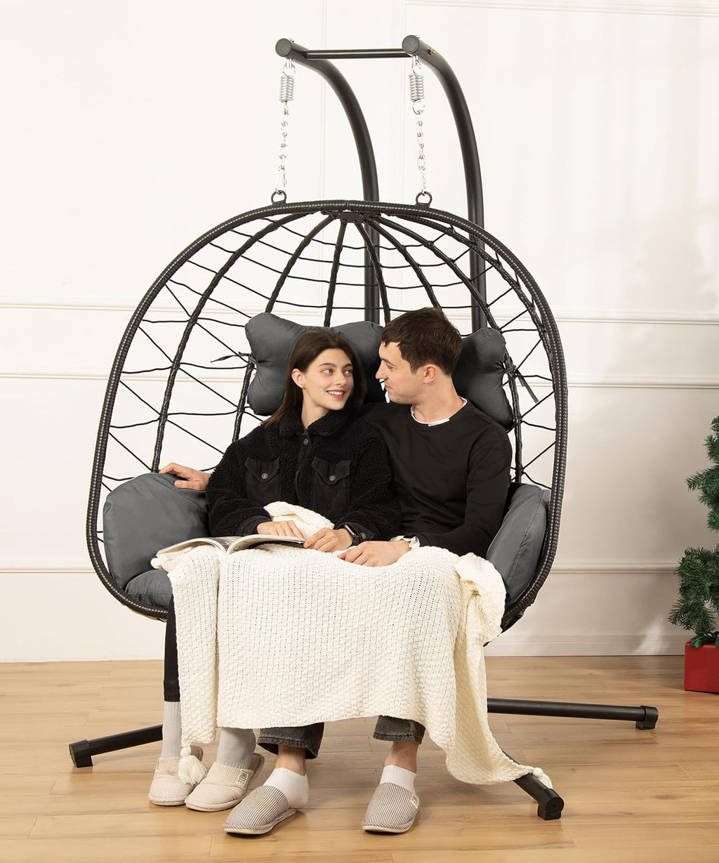 Double Egg Chair with Stand Hammock Swing Chair Foldable Hanging Loveseat, UV Resistant Removable Cushions, 700LBS Capacity for Bedroom, Balcony, Garden(BK-GR)