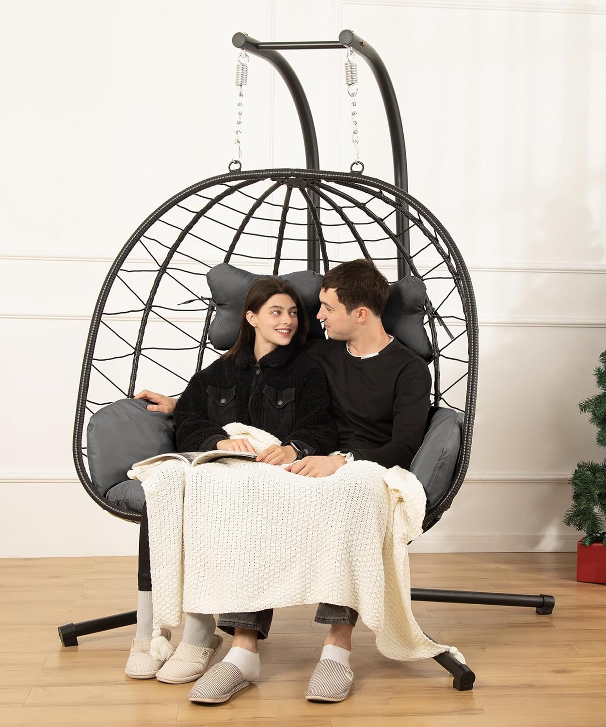 Double Egg Chair with Stand Hammock Swing Chair Foldable Hanging Loveseat, UV Resistant Removable Cushions, 700LBS Capacity for Bedroom, Balcony, Garden(BK-GR)