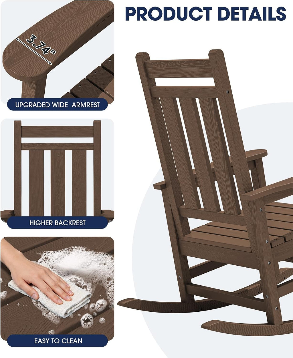 KINGYES Oversized Outdoor Rocking Chair Set of 2, All-Weather Patio Rocking Chairs for Porch, HDPE Outdoor Patio Rockers with High Back & Wide Seat for Garden, Lawn, Coffee