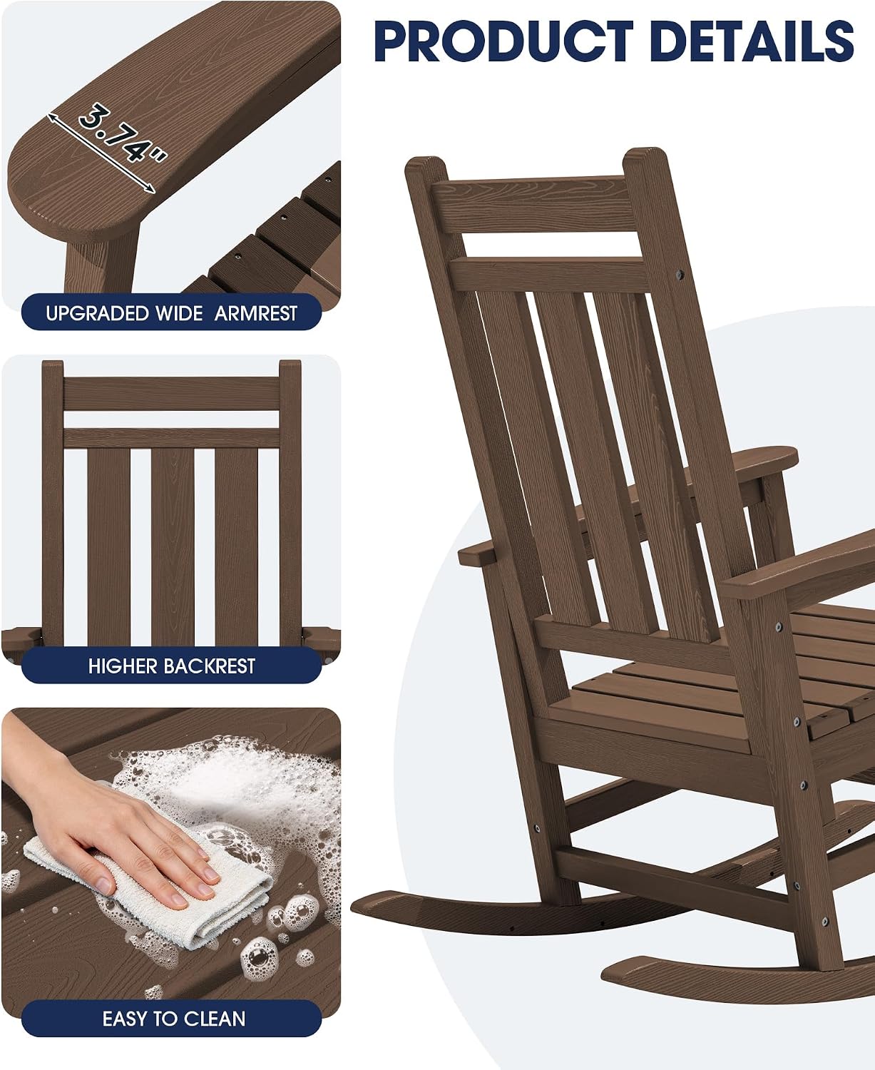 KINGYES Oversized Outdoor Rocking Chair Set of 2, All-Weather Patio Rocking Chairs for Porch, HDPE Outdoor Patio Rockers with High Back & Wide Seat for Garden, Lawn, Coffee