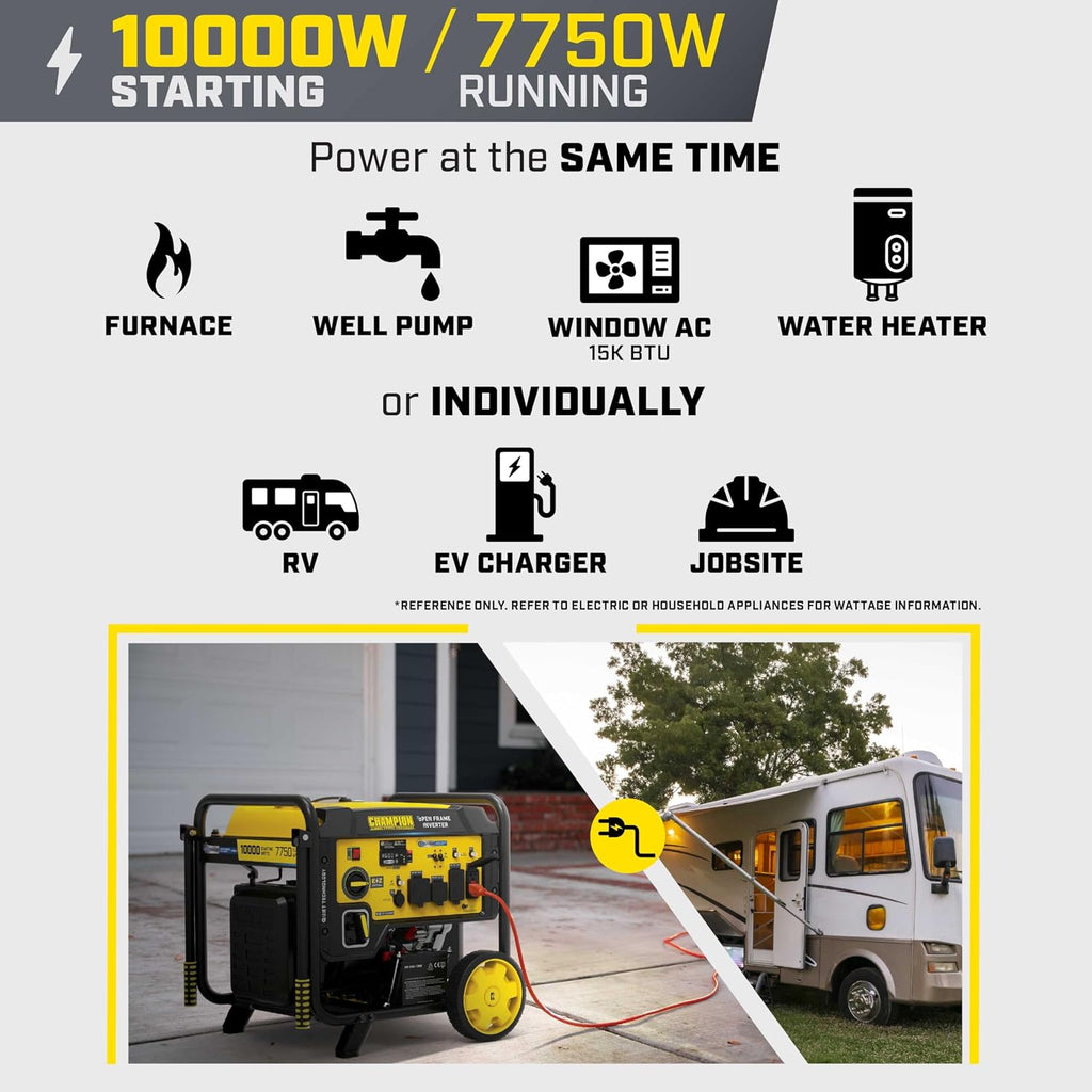 Champion Power Equipment 10,000-Watt Electric Start Home Backup Portable Open Frame Inverter Generator with Quiet Technology and CO Shield
