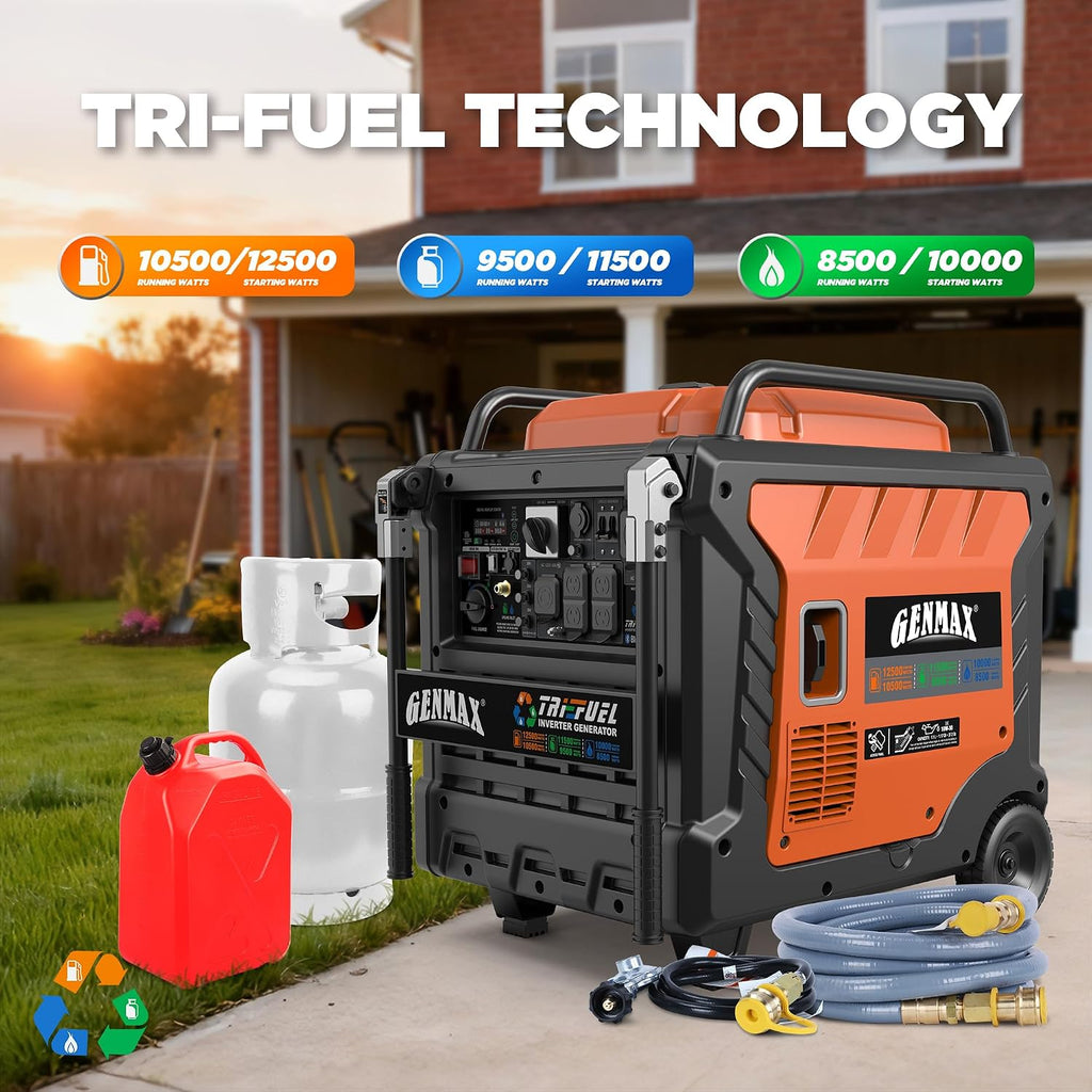 GENMAX 12500W Tri-Fuel Inverter Generator with Bluetooth & CO Shield (2026 Model) - Quiet, 50A Outlet, 2-Wire Auto Start, Ideal for Home Backup, RV, Camping - EPA Compliant