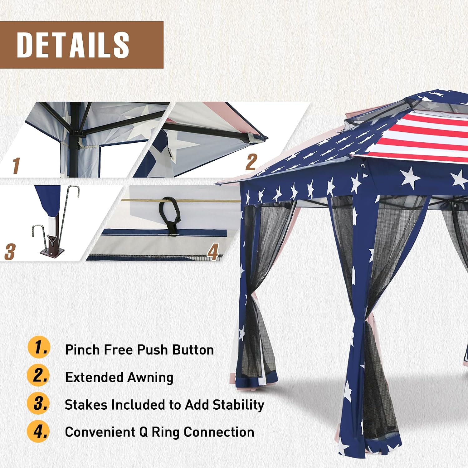 11x11 Pop Up Gazebo Tent with Mesh Netting, Instant Outdoor Canopy with UPF 50+ UV Protection, Water Resistant, American Flag