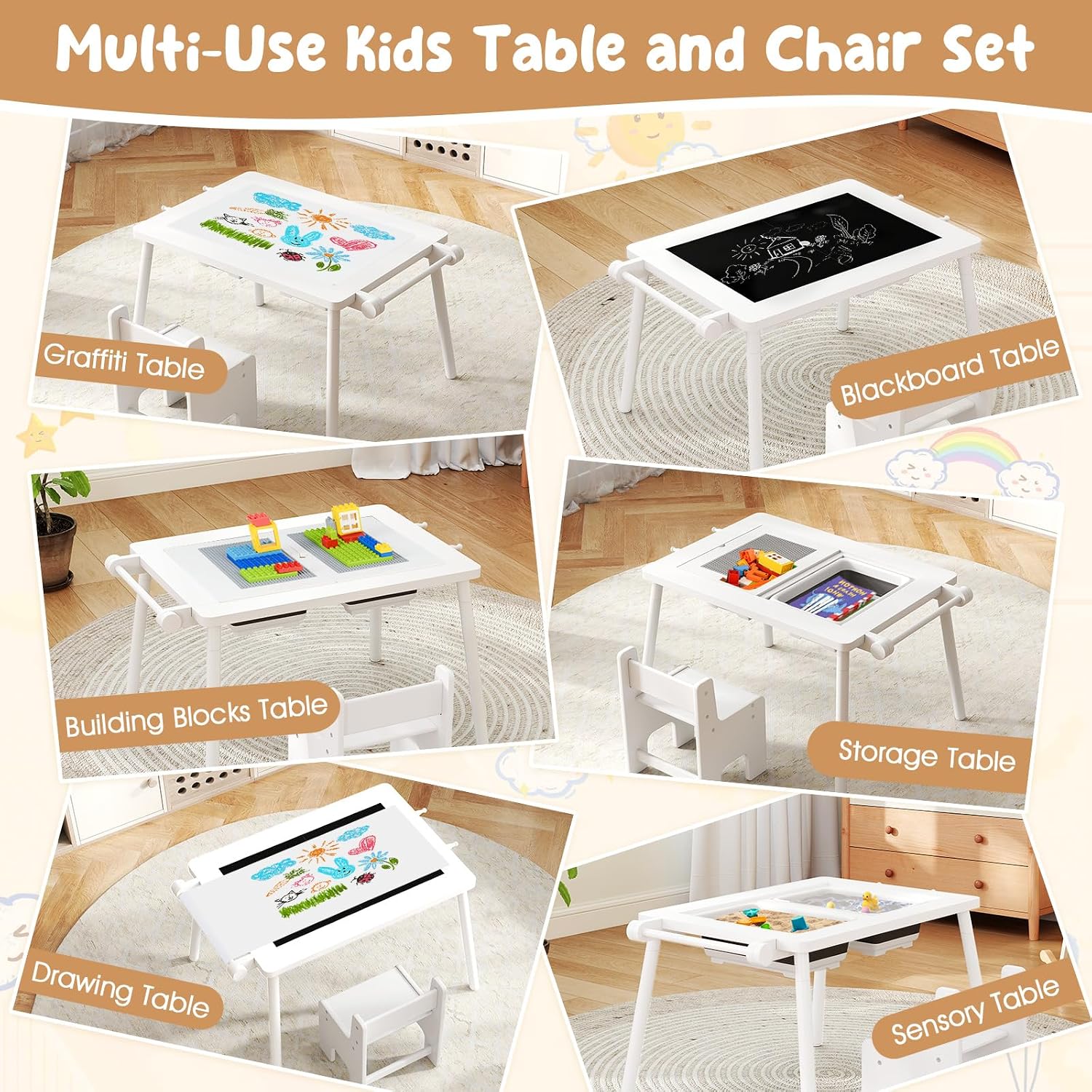 Costzon Kids Table and Chair, 6 in 1 Sensory Desk Set w/Storage Bins, White & Black Board, Building Blocks and Paper Roll for Drawing & Sand Water Playing, Toddler Table and Chair Set (White)