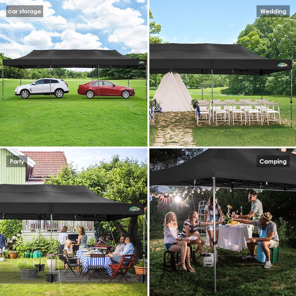 COBIZI 10x30 Pop up Canopy, Heavy Duty Outdoor Party Tents for Parties, Ez up UPF 50+ Waterproof Commercial Canopy with Wheeled Bag, Black(Windproof Upgraded)