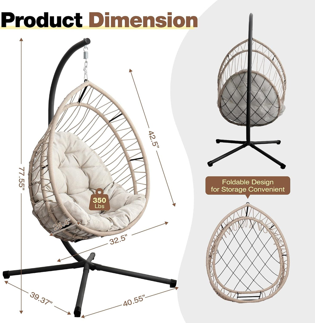 Hanging Egg Chair with Stand, Foldable Patio Hammock Egg Swing Chair Made by All-Weather Core-Spun Polyester Rope with Soft Cushion for Bedroom Garden Indoor Outdoor, 350Lbs Cap. (Grey)