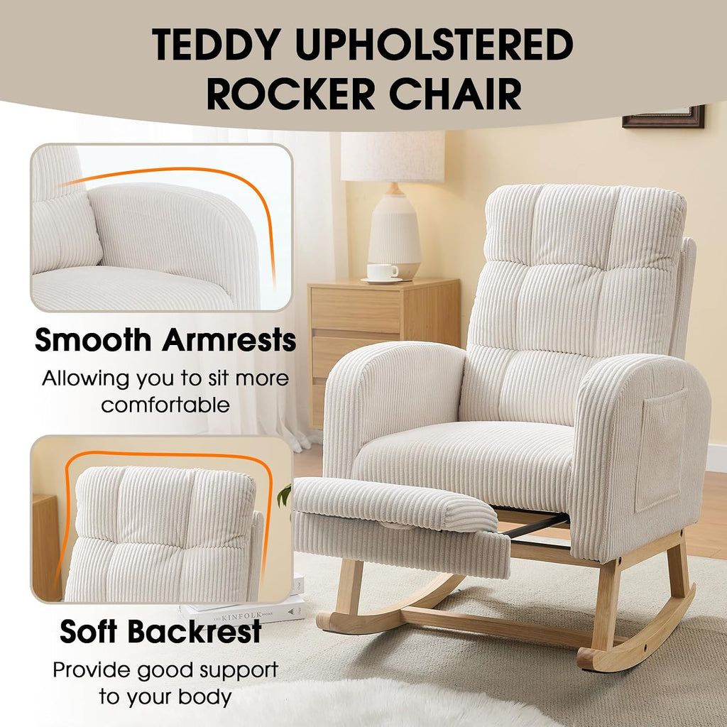 NIOIIKIT Nursery Rocking Chair, Corduroy Upholstered Rocking Chair with Adjustable Footrest, Tufted Rocker Chair with Side Pocket, Glider Rocker for Living Room, Bedroom (Cream Retro)
