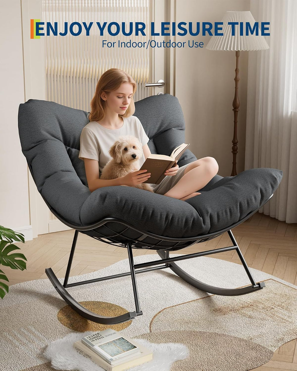 GarveeLife Outdoor Papasan Rocking Chair, Oversized Rocking Chair with Sturdy Metal Frame, Patio Egg Rocker for Balcony Backyard Porch Bedroom, Grey