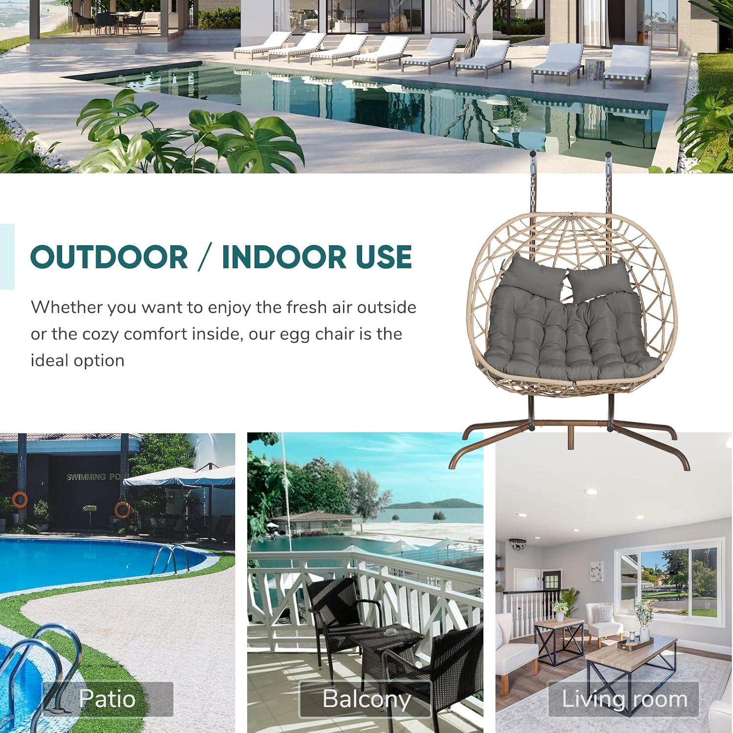 JOYBASE Double Swing Egg Chair with Stand, 2-Person Hanging Egg Chair Wicker Rattan Oversized Swinging Chair for Outdoor Indoor Garden Patio (Dark Grey Cushion and Beige Rattan)