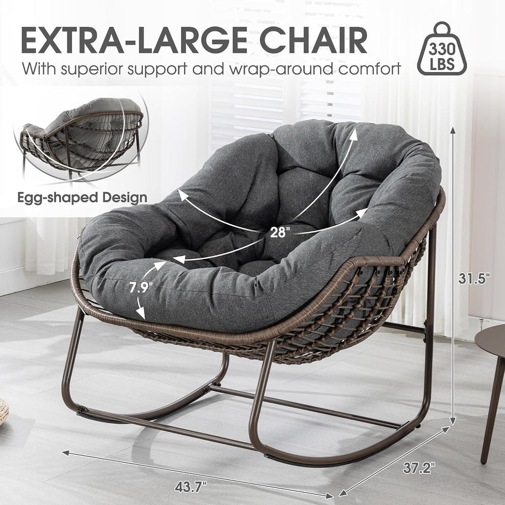 Oversized Papasan Rocking Chair - Outdoor Luxury Comfy Patio Chair Indoor Egg Royal Rattan Rocking Chair with Cushion for Front Porch Lounge Lawn Bedroom Living Room (Grey)