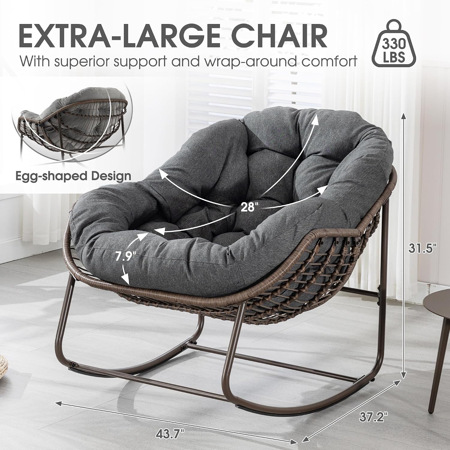 Oversized Papasan Rocking Chair - Outdoor Luxury Comfy Patio Chair Indoor Egg Royal Rattan Rocking Chair with Cushion for Front Porch Lounge Lawn Bedroom Living Room (Grey)