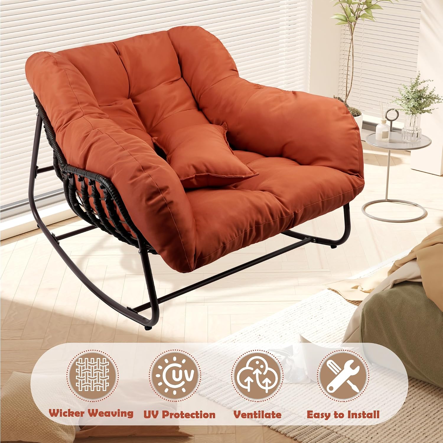 Papasan Rocking Chair Indoor & Outdoor, All Weather Wicker Papasan Patio Chair with Cushion & Pillow, Oversized Papasan Rocker Egg Chair for Bedroom, Garden, Patio - Red.