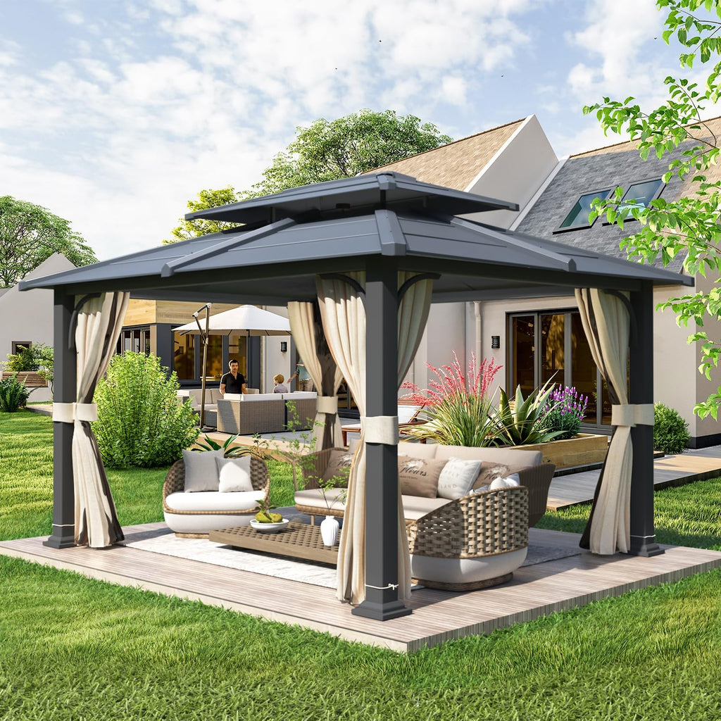 YOLENY 12'x 14' Gazebo with Galvanized Steel Roof, Double Roof Design with Anti-Rust Coating, Outdoor Gazebos with Curtains and Netting, Sunshade for Gardens, Lawns, Deck