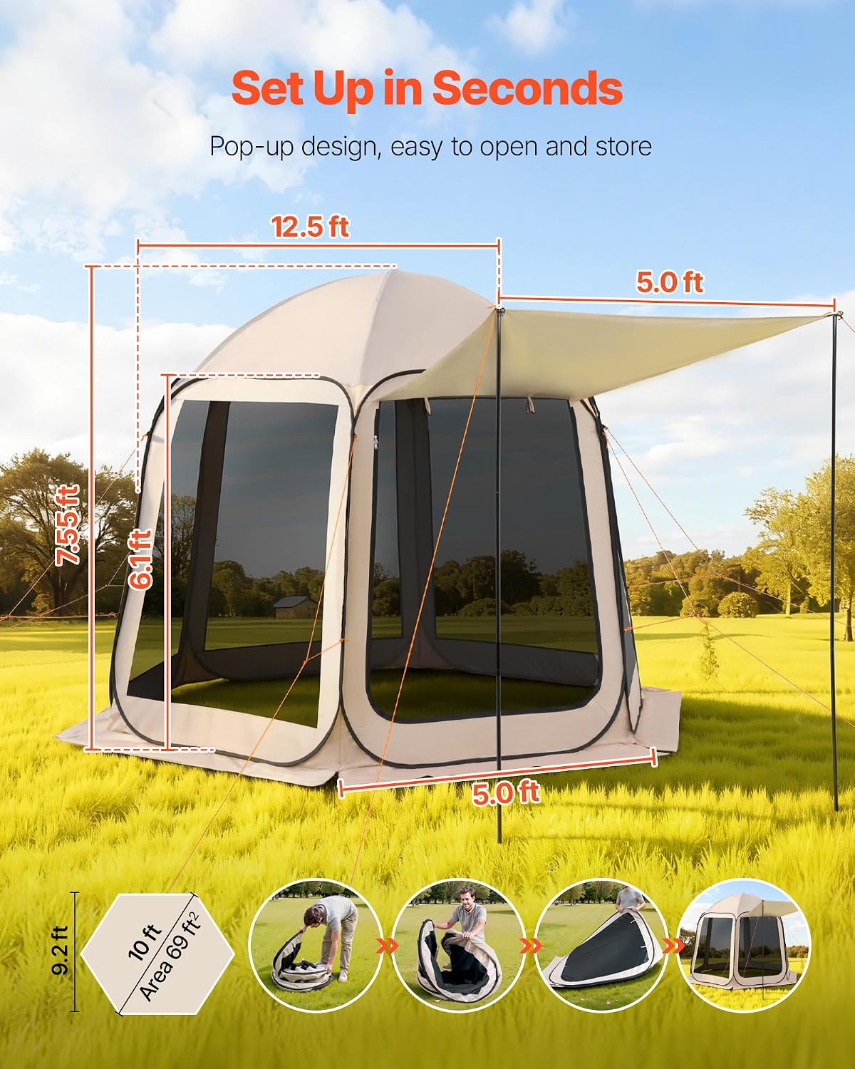Pop Up Screen House Tent VEVOR 10 x 9.2 FT Pop-Up Screen Room with Awning, Portable Screen Tent Gazebo for 4–8 Person, Instant Screen Canopy with Carry Bag for Patio Backyard Camping