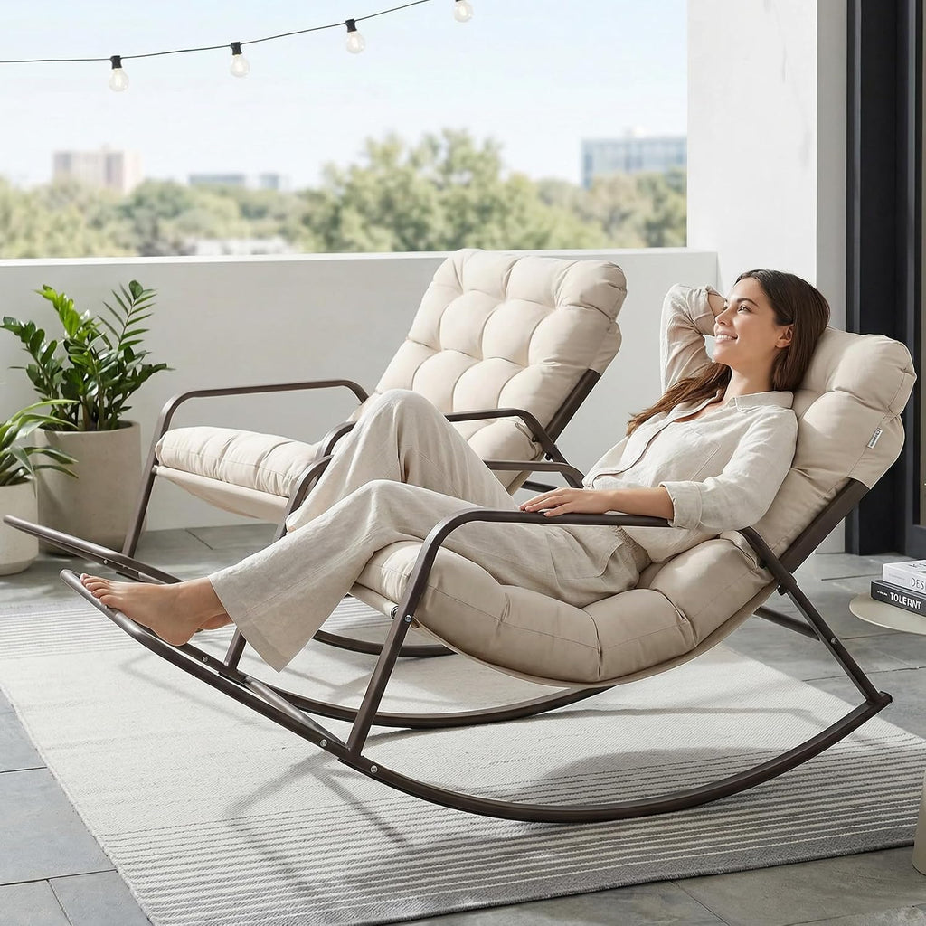 RADIATA 2pcs Rocking Lounge Chair, Indoor Outdoor Reclining Lounger with Footrest & Cushion, 450lbs Weight Capacity, Comfortable Rocker for Relaxation, Reading and Napping (Beige)